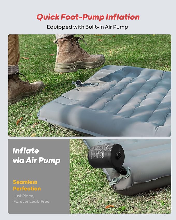 QPAU Sleeping Pad for Camping, Camping Mattress, 76''X26'', 4.7'' Extra-Thick Enhanced Support, with Built-in Foot Pump, for Camping, Hiking - Airpad, Backpacking and Home, (Grey)