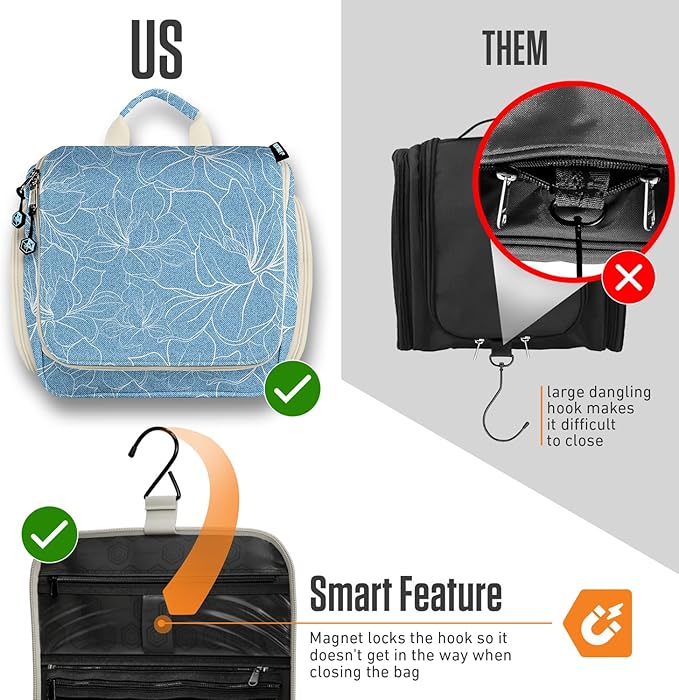 VENTURE 4TH Hanging Travel Toiletry Bag for Women & Men - Travel Organizer with Expandable Compartments & Removable Clear Pouch for Toiletries (Blue Flowers)