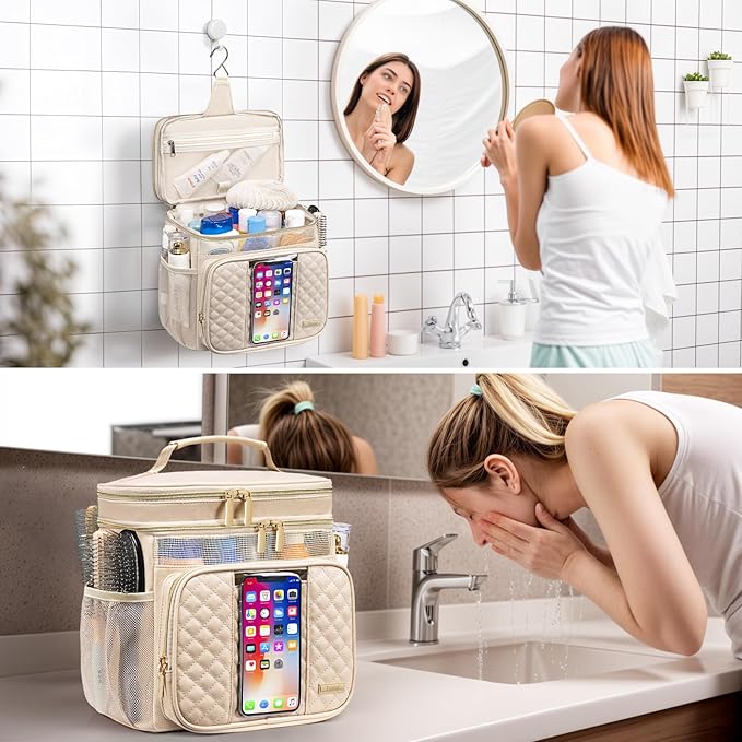 Large Leather Toiletry Bag for Women Men,Bathroom Bag,Water Resistant Portable Shower Caddy for College Dorm,Hanging Toiletry Bags for Traveling,Gym Camping Cruise Ship Travel Essentials Shower Bag