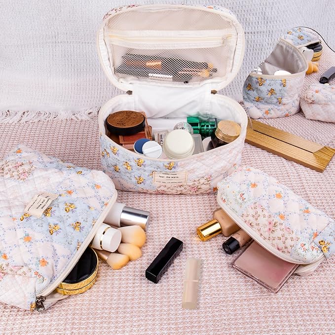Makeup Bag Set, Quilted Makeup Bag, Large Floral Cosmetic Bag for Women, Cute Cotton Makeup Bags, Flower Travel Toiletry Organizer Bag (Folk Style)