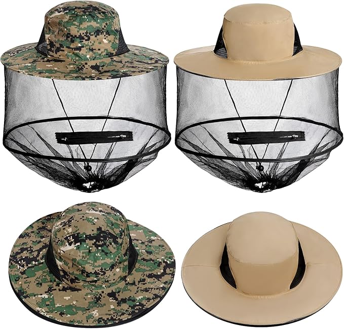 Sucrain 2 Pack Mosquito Head Net Hat Sun Hat Garden Bug Hat with Hidden Net Mesh for Outdoor Gardening Beekeeping