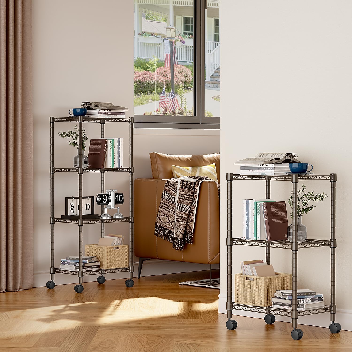 3 Tier Shelf Metal Storage Shelves Wire Rack Closet Organizers with Wheel for Garage Kitchen Bathroom Laundry Brown 11.8" D x 17.7" W x 29.8" H