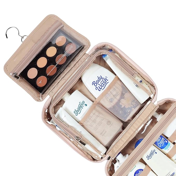 NISHEL Travel Toiletry Bag for Women Large Capacity, Makeup Essentials Organizer, Hanging Case for Accessories, Cosmetics, Pink