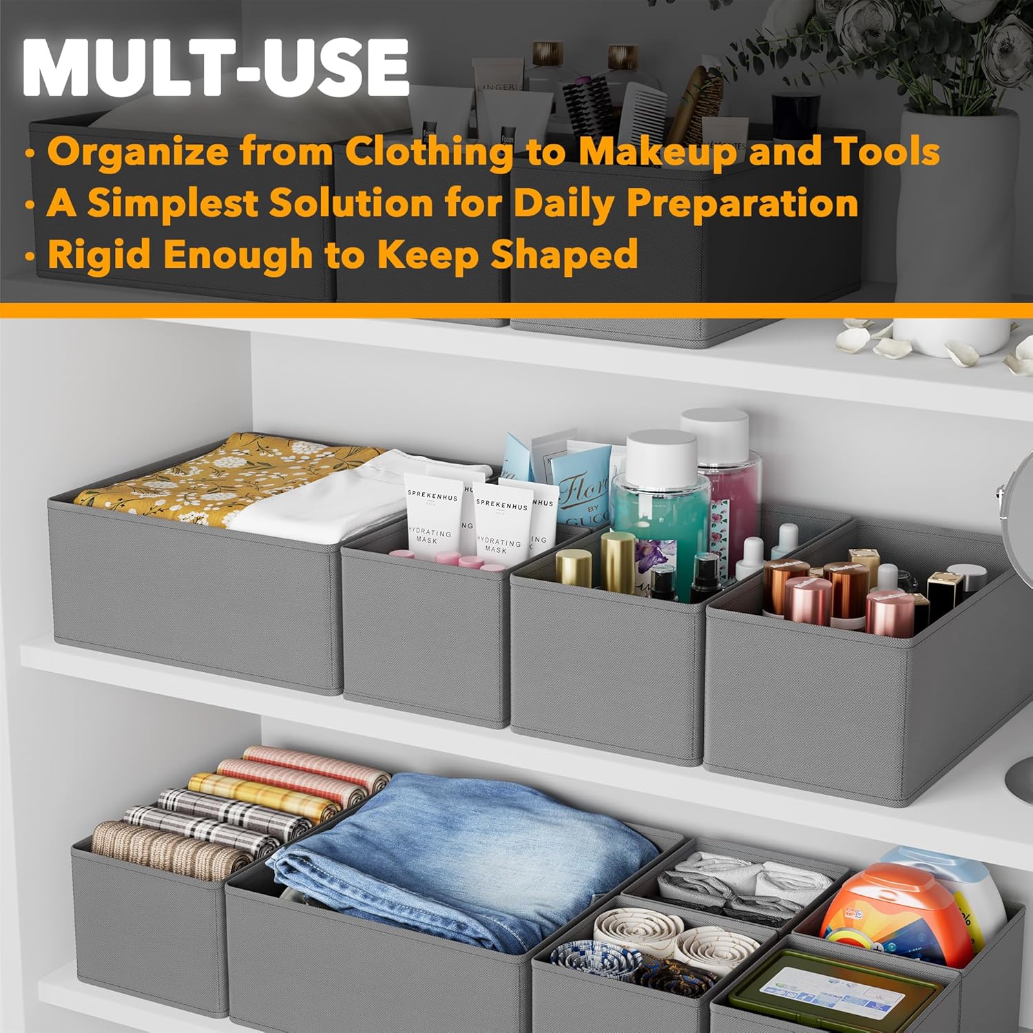 SpaceAid Drawer Organizer Clothes, 12 Pack Dresser Organizer Bins for Nursery, Closet Organization and Storage Dividers for Clothing, Baby Clothes, Underwears, Socks (Grey)