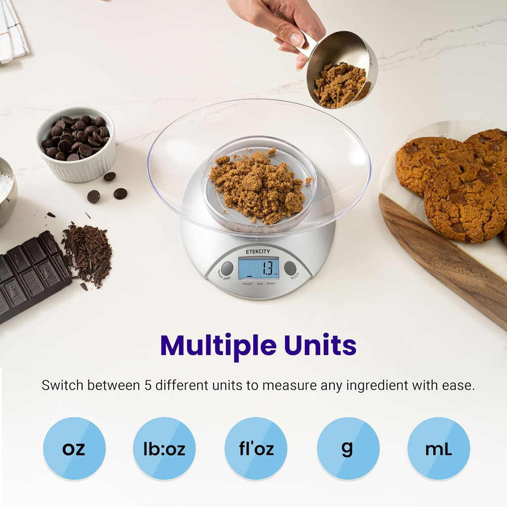 Etekcity Food Kitchen Scale With Bowl, Digital Ounces and Grams for Cooking, Baking, Meal Prep, Dieting, and Weight Loss, 11lb/5kg, Backlit Display
