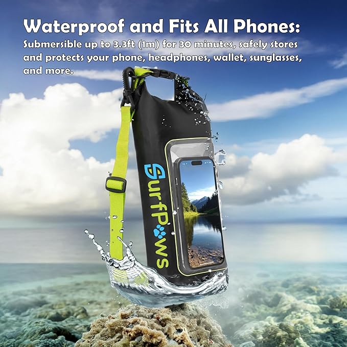 2L Waterproof Dry Bag - Multifunctional Waterproof Dry Pouch for Phone and Valuables - Essential for Outdoor Travel, Beach, Swimming, Boating, Camping (Black/Green)