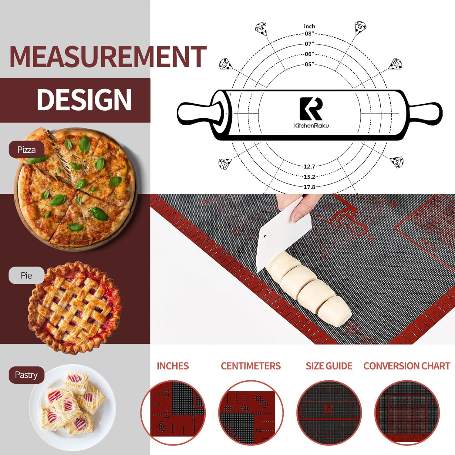 Silicone Pastry Mat Extra Large with Measurements 26''x16'' for Reusable,Non-slip Silicone Baking Mat, Counter, Dough Rolling, Oven Liner,Fondant/Pie Crust (Translucent_Red, 16''W x 26''L)
