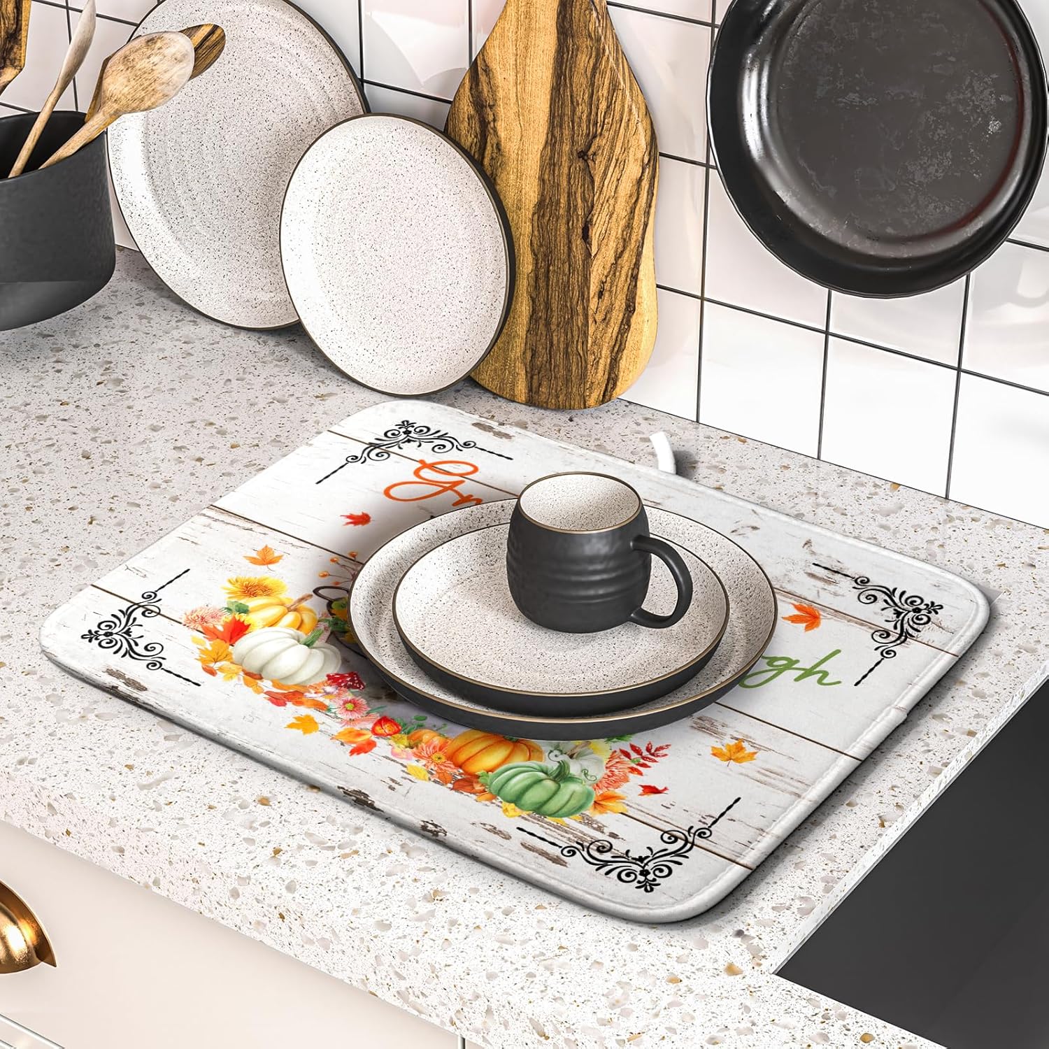 Fall Dish Drying Mats for Kitchen Counter Absorbent Autumn Dish Drainer Pad Home Decor