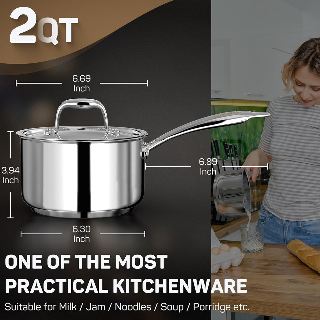 2 Quart Sauce Pan with Lid, Tri Ply Stainless Steel Saucepan 2 Qt with Stainless Steel Lid, 2 Measuring Lines, Upgraded Packaging, Cool Ergonomic Handle, Dishwasher & Oven Safe