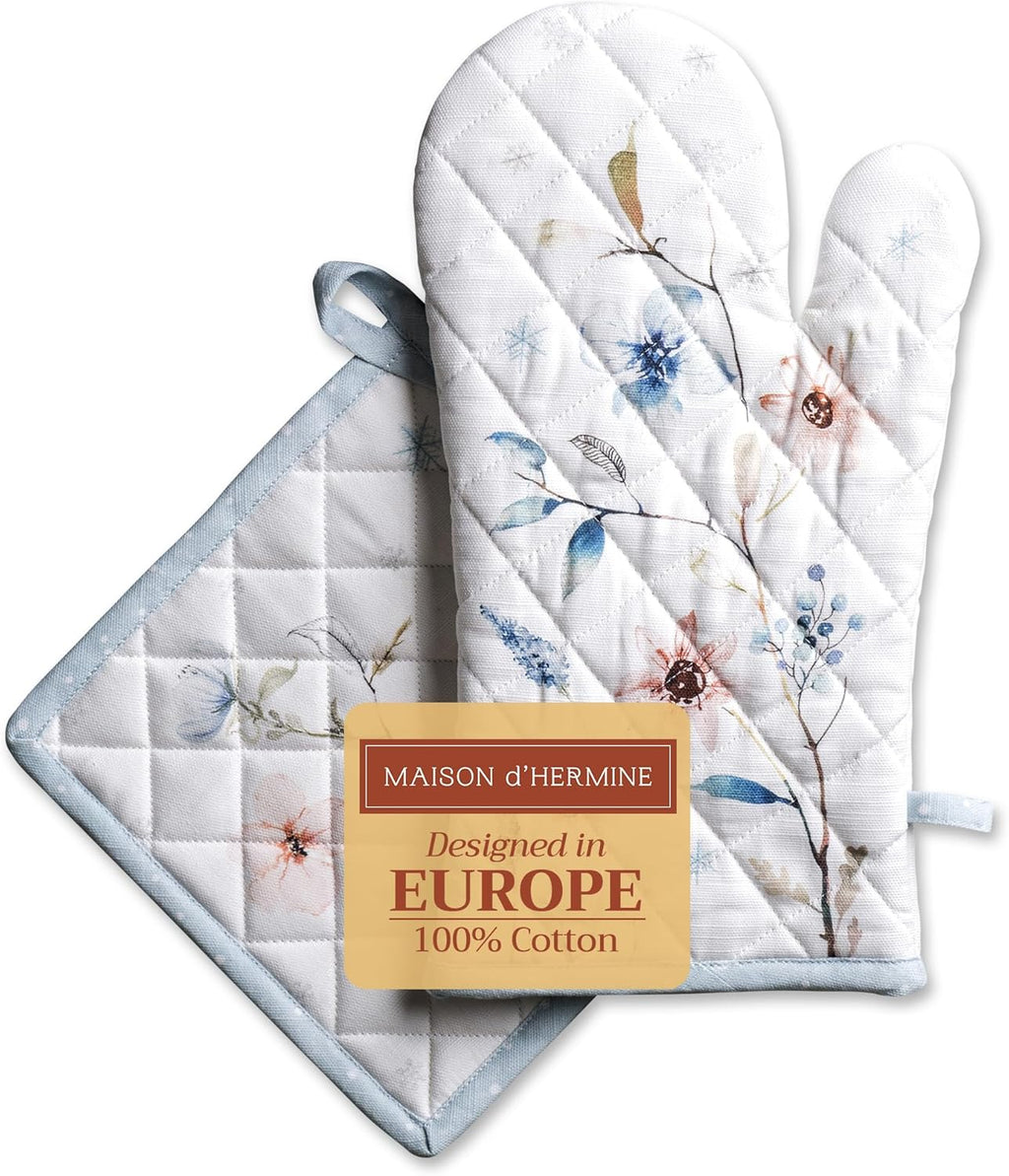 Maison d' Hermine 100% Cotton Oven Mitt & Pot Holder Set (7.5"x13" & 8"x8") Heat Resistant BBQ Cooking Gloves with Loop, Baking, Grilling, Kitchen, Handling Hot Pans (Ice Florals)