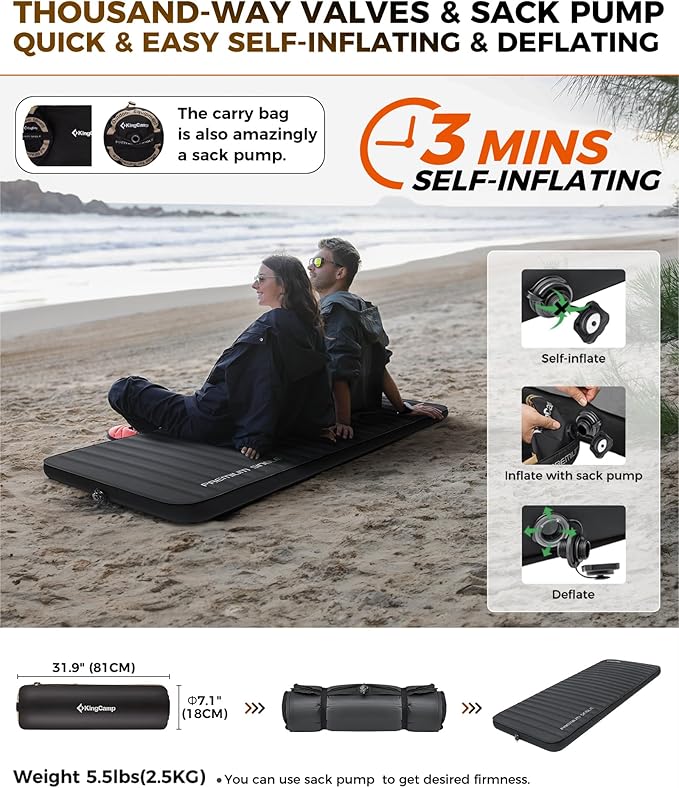 KingCamp Sleeping Pad for Camping, Self Inflating R 9.5 Sleeping Pad for All Seasons, 3" Thick Camping Mattress Mat for Outdoor Tent Cot Car Backpacking, PVC Free (Black)