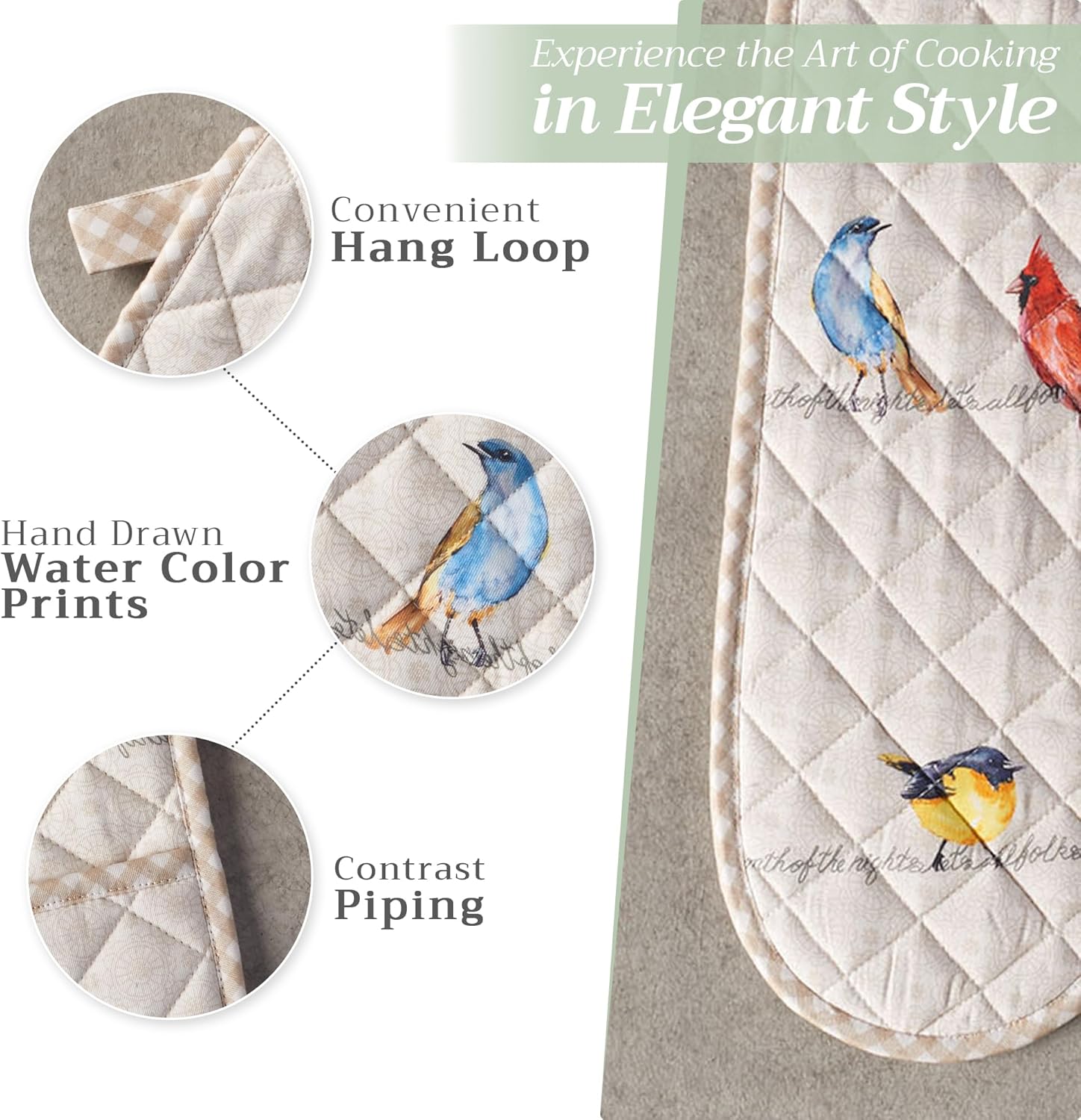 Maison d' Hermine Double Oven Mitts 100% Cotton 7"x35" Double Oven Mitt Heat Resistant BBQ Cooking Gloves with Loop, Baking, Grilling, Home, Kitchen, Handling Hot Pans Spring Summer (Birdies On Wire)