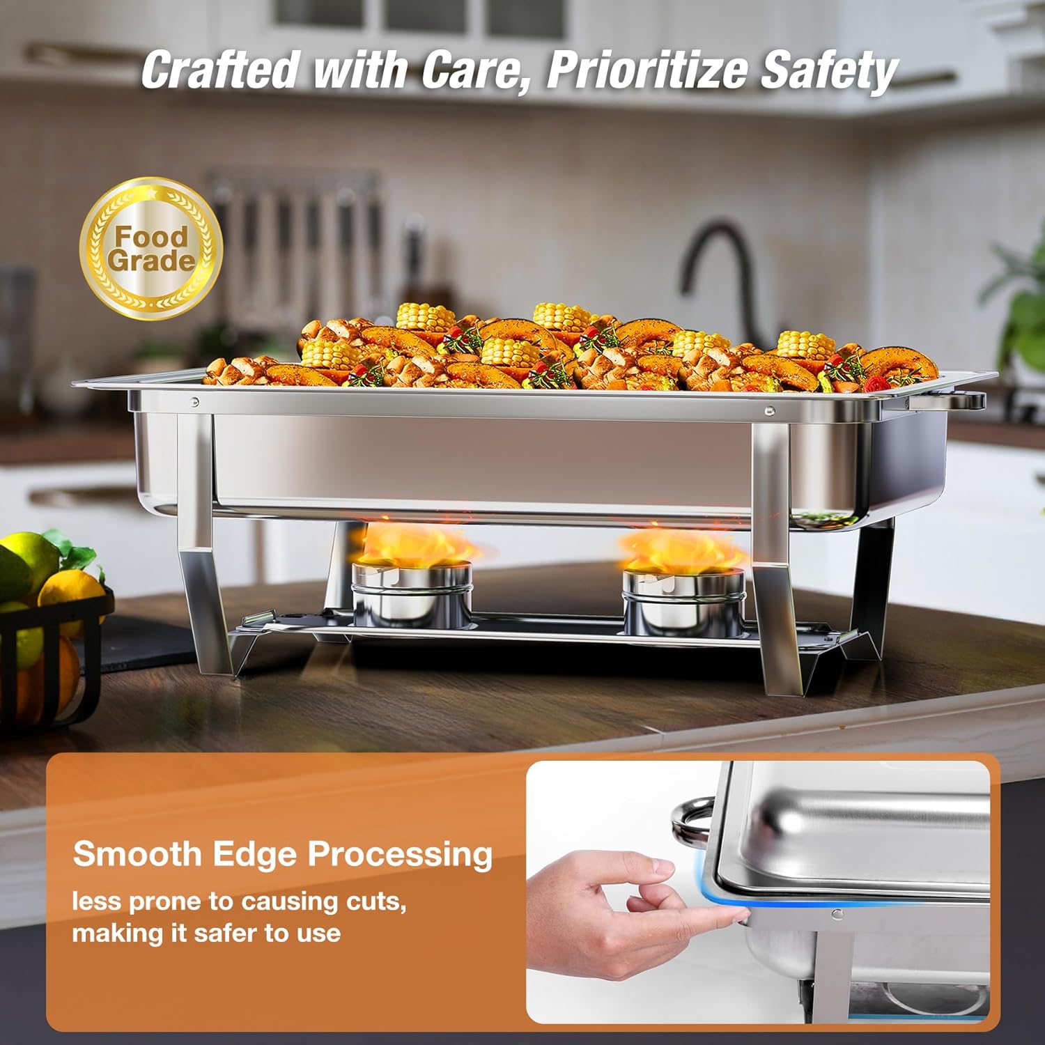 Chafing Dishes for Buffet (9QT, 4 Pack) - Easy Assembly, Food-Grade Stainless Steel Chafers for Catering w/Rolled Edge Design, Foldable Frame, for Party, Banquet (Full Size Food Pan)
