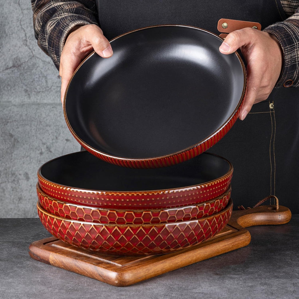 GBHOME 9.5'' Large Pasta Bowls, 42 Ounce Stoneware Salad Bowls for Kitchen, Ceramic Serving Bowls With Textured Pattern for Pasta,Fruit, Stews,Noodle, House-warming Gift, Set of 4-Rythmic Red