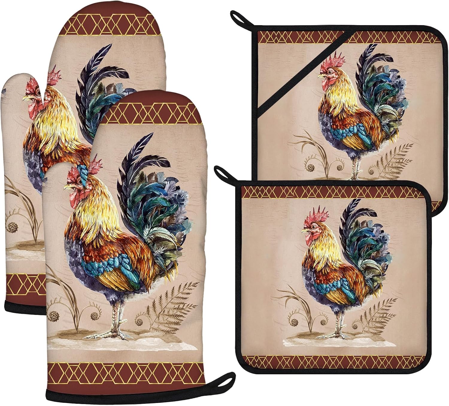 Rooster Oven Mitts and Pot Holders Sets 4Pcs,Extra Long Oven Gloves Potholder for Kitchen Cooking Baking BBQ 100% Cotton Heat Resistant