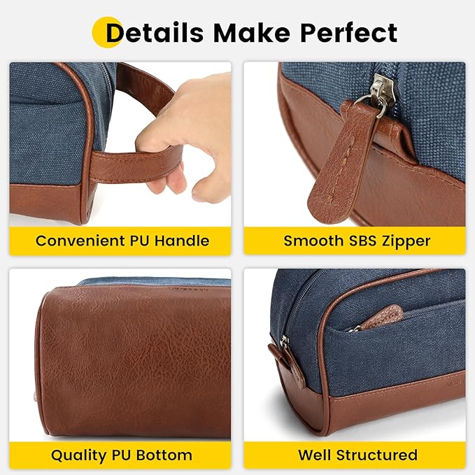 Vorspack Travel Toiletry Bag - Canvas Toiletry Bag for Men Water Resistant Skincare Bag Dopp Kit for Bathroom Toiletries Accessories Gifts - Navy Blue