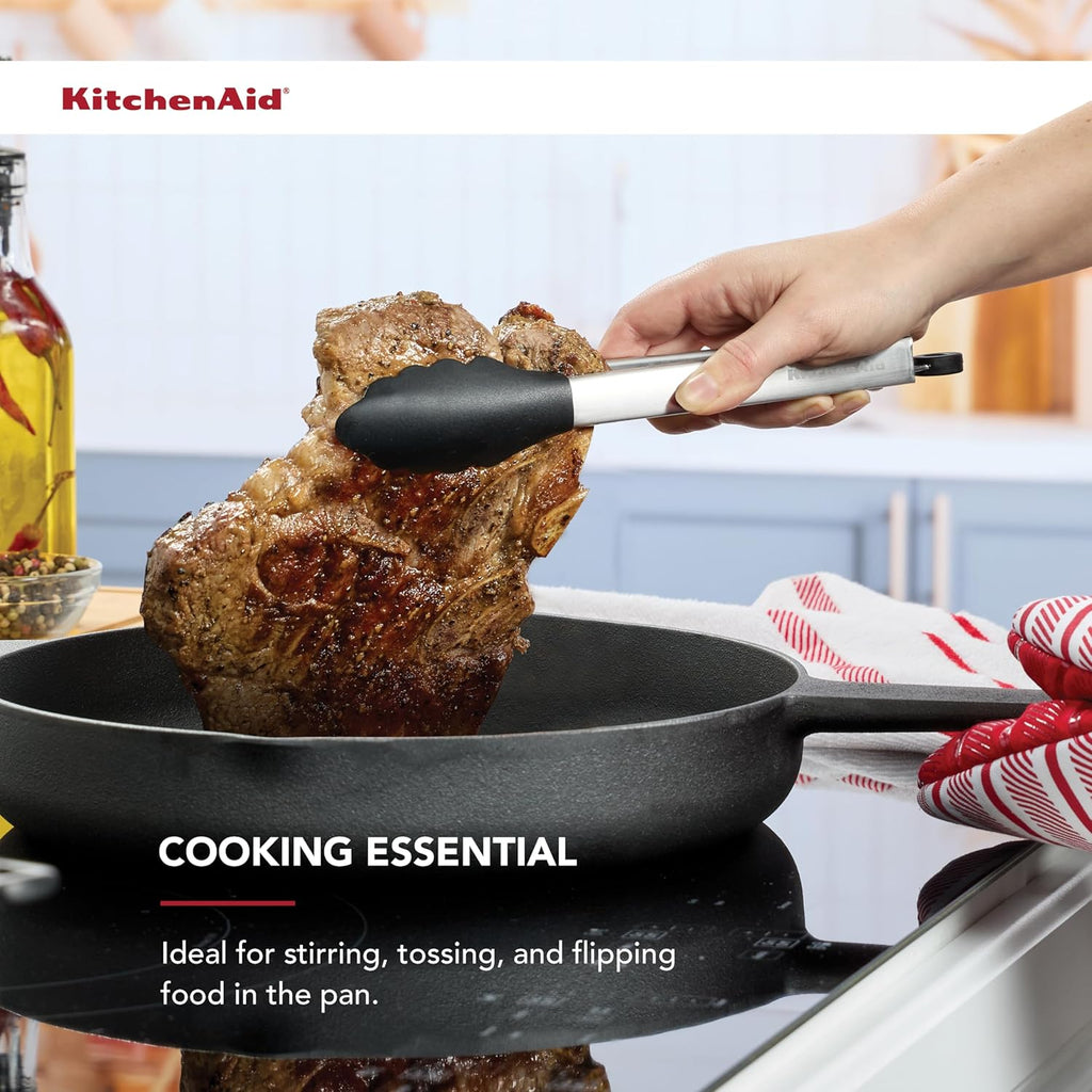 KitchenAid Silicone Tipped Stainless Steel Tongs, 9 Inch, Black