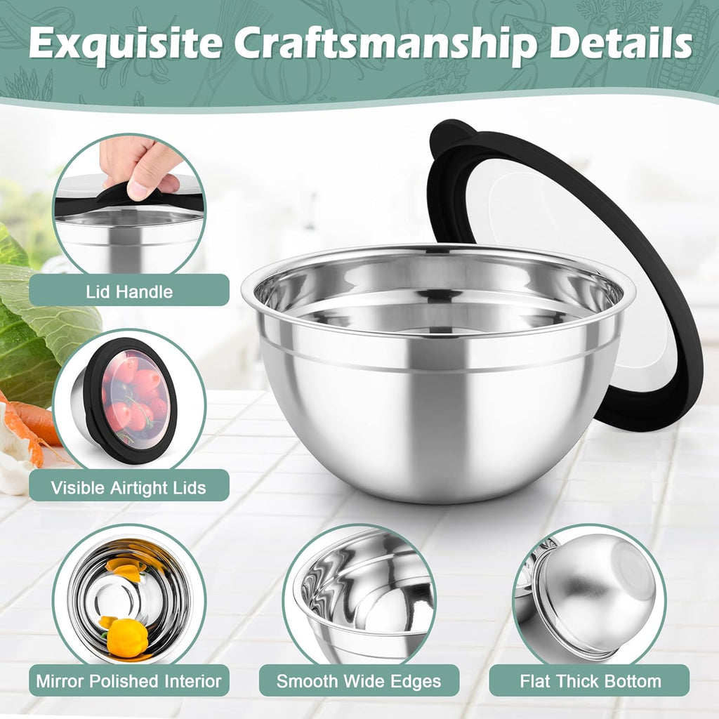 TeamFar Mixing Bowls, 3PCS Stainless Steel Serving Salad Bowls with Lids & 3 Graters, For Kitchen Mixing/Baking/Storing/Prepping, Visible & Airtight, Easy Clean - 4.5/3 / 1.5 QT, Black