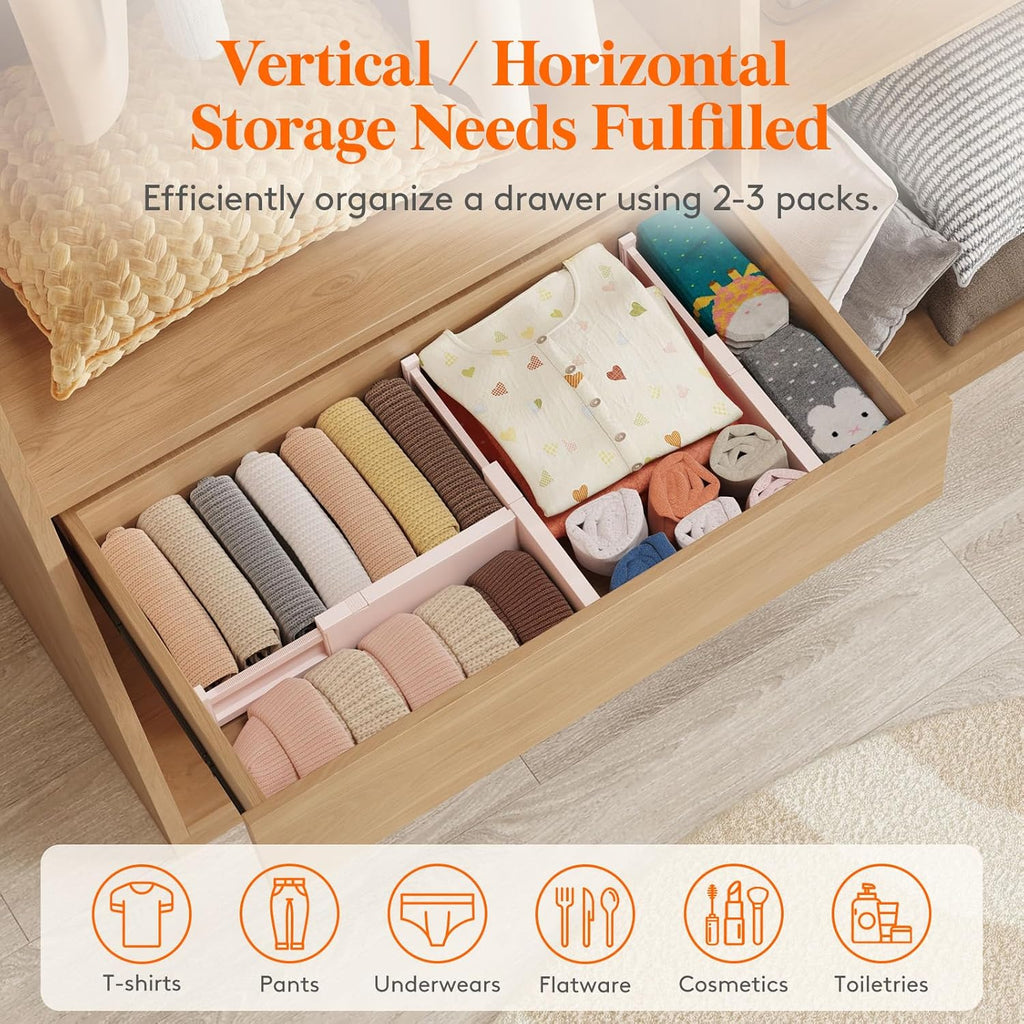 Lifewit 6 Pack Drawer Dividers 4" High, 11-17" Adjustable Drawer Organizers for Clothes, Expandable Dresser Separators in Bedroom/Bathroom/Kitchen/Fridge/Office Organization and Storage, Pink
