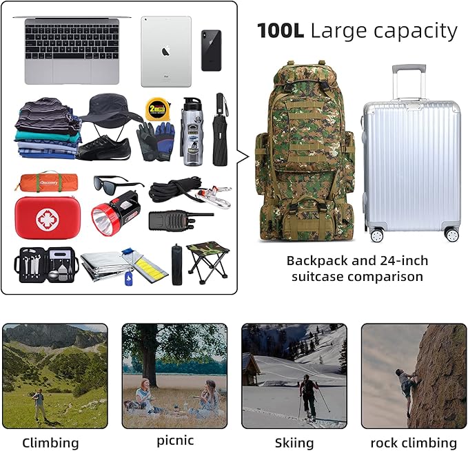 100L Camping Hiking Backpack,Molle military Tactical rucksack backpack,Waterproof Lightweight Hiking Backpack (Woodland Camo-C)