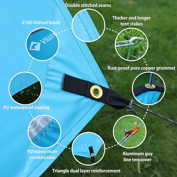 VILLEY Waterproof Hammock Tent Rain Fly, Octagonal Camping Tarp, Sun Shelter for Camping, Backpacking, Hiking, Accessory Includes Stakes, Ropes and Carry Bag (Blue)