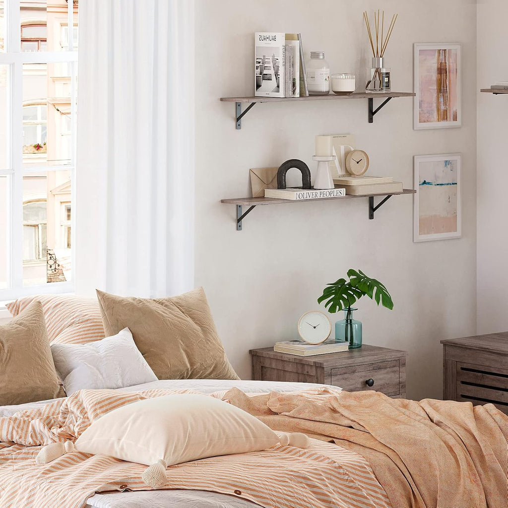 DINZI LVJ Wall Shelves, 23.6 x 7.9 x 6.1 Inch Floating Shelves for Wall, Set of 2, Easy-to-Install Wall Storage Ledges with Sturdy Metal Brackets for Living Room, Bathroom, Kitchen, Greige