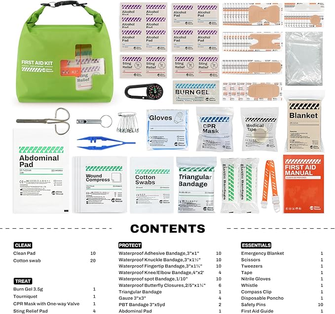 RHINO RESCUE Waterproof First Aid Kit, Lightweight Boat Dry Bag, Emergency Survival Supplies for Outdoor Kayak Floating Swimming & Camping FSA HSA Eligible (Green)