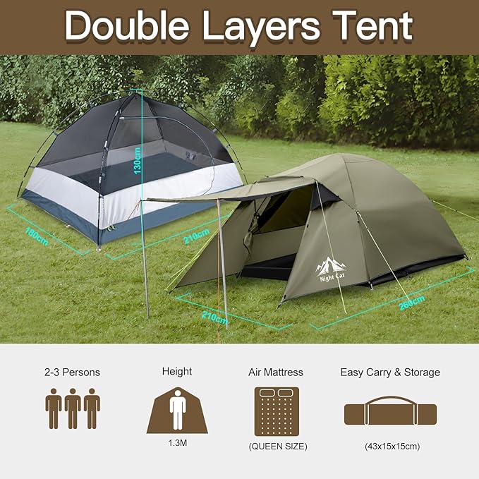 Night Cat Camping Tent 2 3 Persons with Porch Family Backpacking Tent Double Layers Waterproof Easy Clip Setup 7x6x4.3ft Porch Pole Not Inlcuded