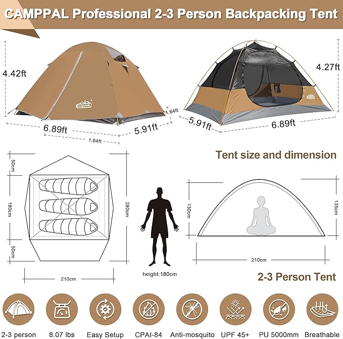2-3 Person Tent - Waterproof Windproof 4 Season Tent for Backpacking, Hiking, Hunting, Motorcycling & Biking