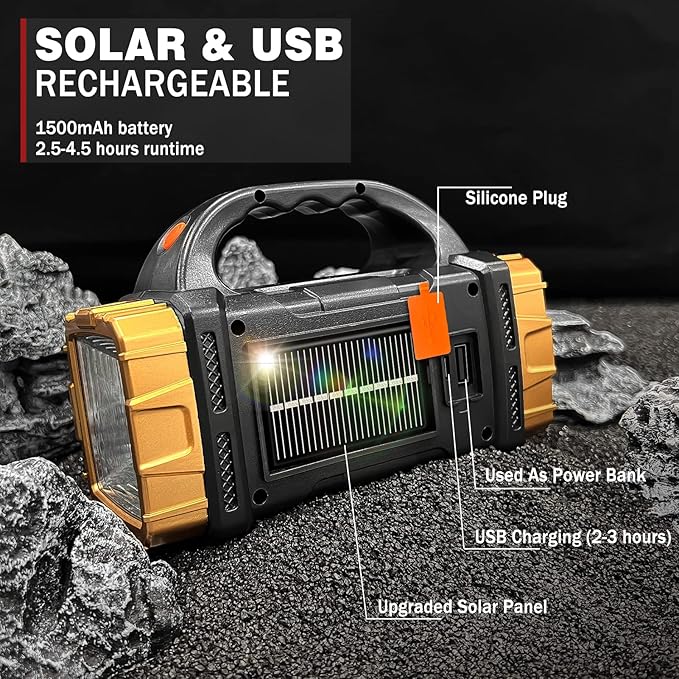 2-Pack Solar Flashlights High Lumens Rechargeable Outdoor Waterproof Spotlight LED Work Light Searchlight Lantern for Camping Emergencies