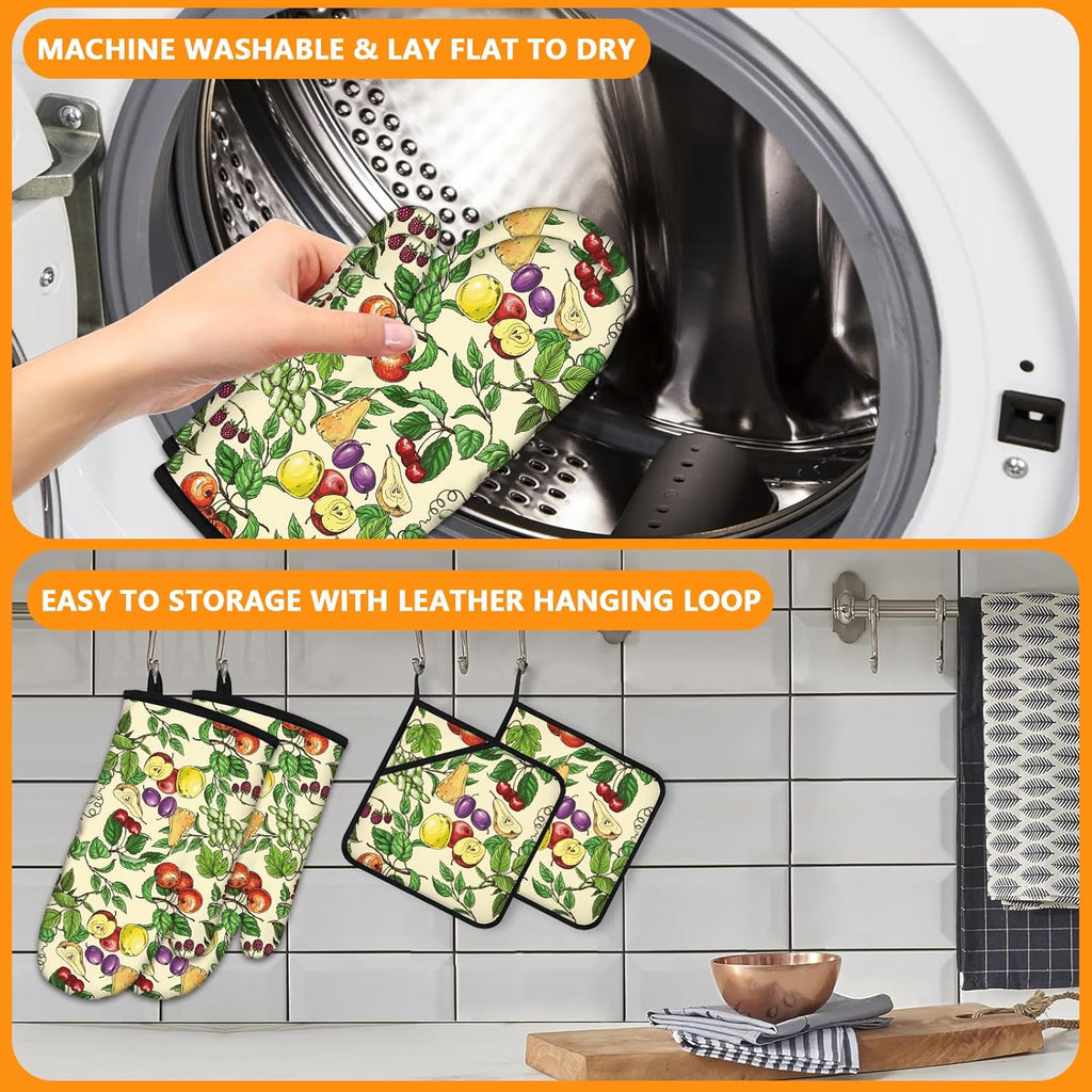 Fruit Oven Mitts and Pot Holders Sets 4Pcs,Extra Long Oven Gloves Potholder for Kitchen Cooking Baking BBQ 100% Cotton Heat Resistant