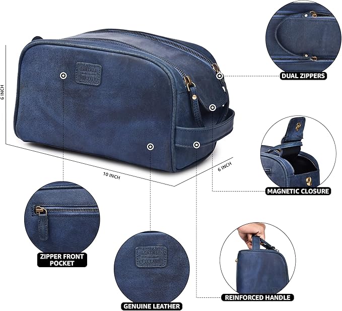 LEATHER VILLAGE Premium Leather Toiletry Travel Pouch With Waterproof Lining - Blue | King-Size Handcrafted Vintage Dopp Kit Bag