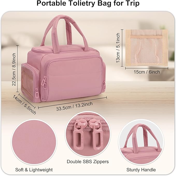 Travel Toiletry Bag for Women, Lightweight Wide-open Cosmetic Travel Bags for Toiletries with 2 Removable Dividers, Large Makeup Organizer with Brushes Board, Multi Pockets for Gym, Daily, Pink