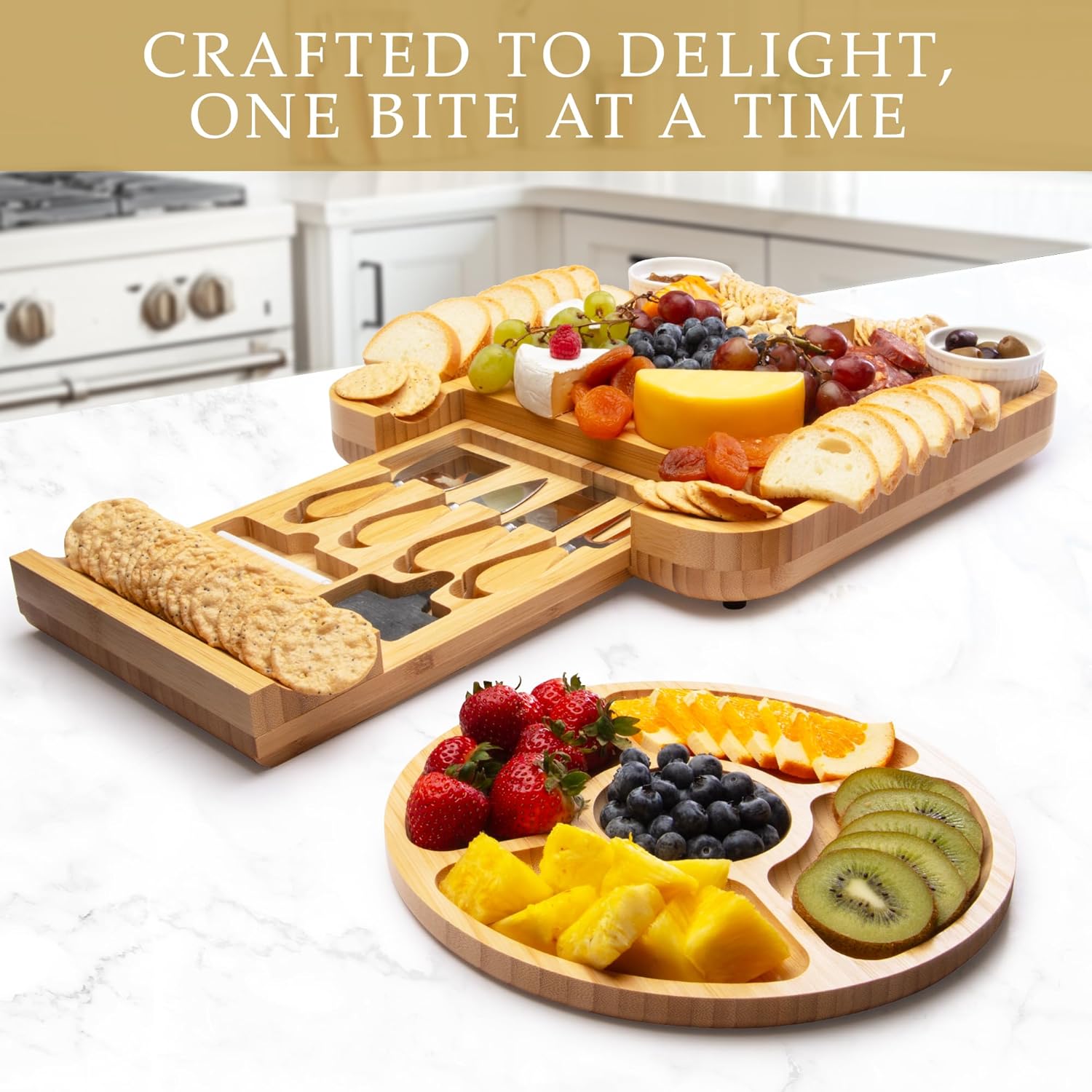 Zulay Kitchen Premium Bamboo Cheese Board Set - Extra Thick Bamboo Charcuterie Board Set with 4 Piece Knife Set - Wooden Cheese Board is Perfect for Charcuterie, Wine and Cheese (Party Set) - Icon
