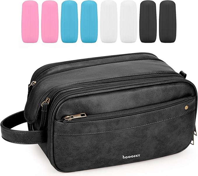 Travel Toiletry Bag for Men, Large Hanging Toiletries Organizer Bags for Women, Cruise Ship Essentials, Water-resistant Shaving Case, PU Leather Makeup Accessories, Cosmetic Dopp Kit, Black