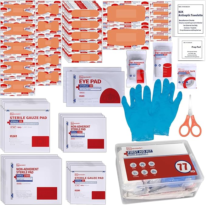 First Aid Kit Refill - Extra Replacement Supplies for First Aid Kits, Loose Packed Restock Supply Pack -77 Piece