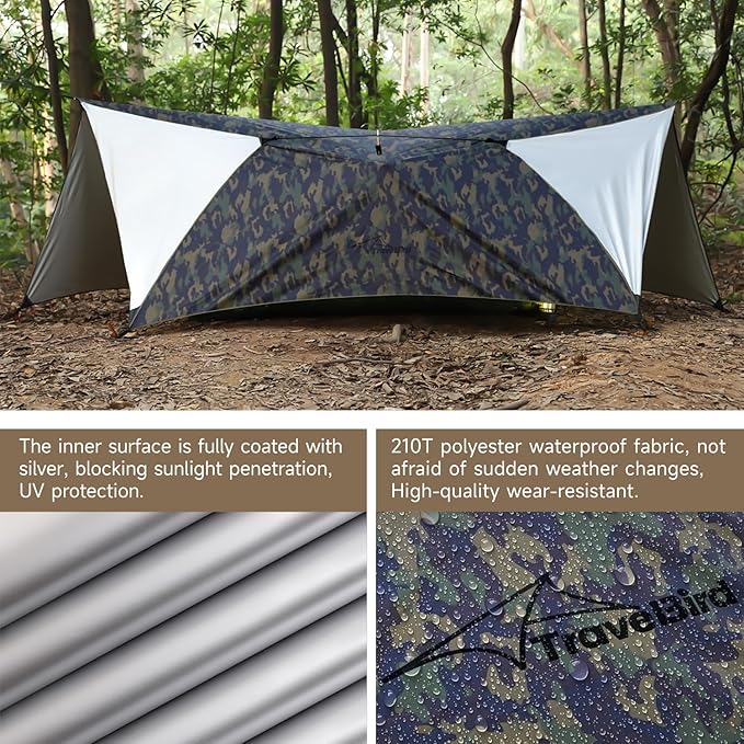 Ultralight Tarp, 14ft Hammock Rain Fly Lightweight Waterproof Camping Tent Tarp with Doors, Bushcraft Tarp Shelter for Backpacking Hiking Camping