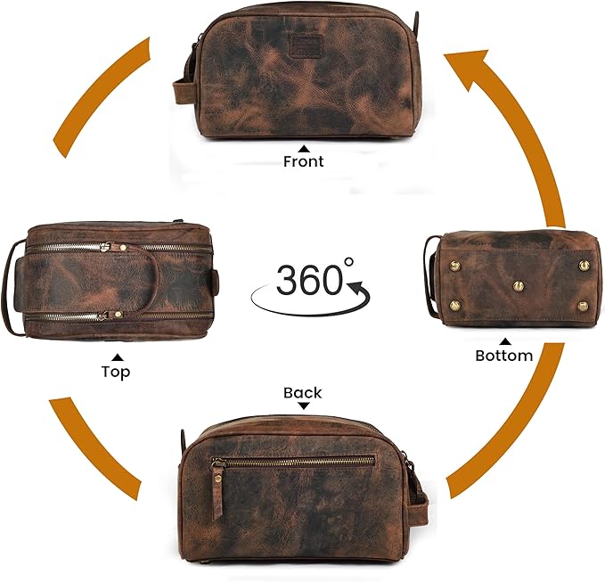 LEATHER VILLAGE Premium Leather Toiletry Travel Pouch With Waterproof Lining - Brown | King-Size Handcrafted Vintage Dopp Kit Bag