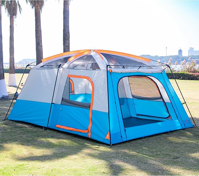KTT Extra Large Tent 10-12-14 Person(A),Family Cabin Tents,2 Rooms,3 Doors and 3 Windows with Mesh,Straight Wall,Waterproof,Double Layer,Big Tent for Outdoor,Picnic,Camping,Family Gathering