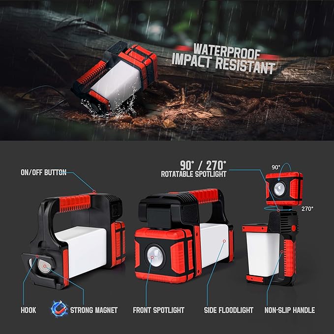 CLAKAP Rechargeable Spotlight, 2000Lumens 270°Rotatable Handheld LED Flashlight Spotlight, Long Lasting Searchlight with Floodlamp, Portable Charger Lantern Flashlight for Farm, Camping, Boat