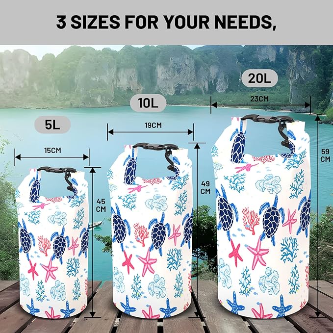 Waterproof Dry Bag,Roll Top Sea Turtle Coral Starfish Waterproof Backpack 5L/10L/20L Floating and Lightweight Bags for Kayaking, Boating, Fishing, Swimming and Camping with Waterproof Phone Case