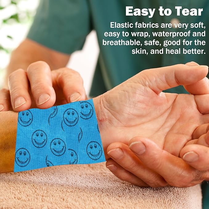 Cohesive Bandage First Aid Tape - Self Adherent Wrap Adhesive Bandages - Colorful Bandages (Blue Smile, 2-Inch)