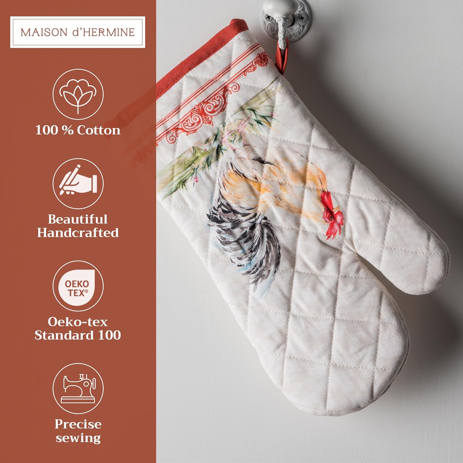 Maison d'Hermine Oven Gloves 100% Cotton Oven Mitt 7" x 13" with Loop Heat Resistant, BBQ, Cooking Gloves, Baking, Grilling, Kitchen, Handling Hot Pans Spring/Summer (Pack of 1, Campagne)