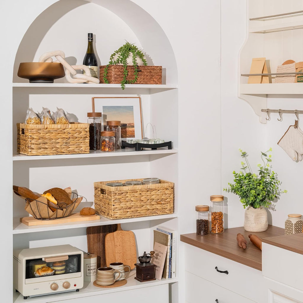 StorageWorks Wicker Storage Baskets, Handwoven Water Hyacinth Basket for Organizing, Decorative Organizers with Built-in Handles, Set of 2