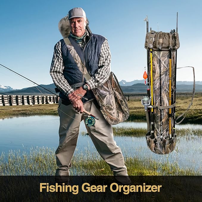 DONQL Fishing Rod Bags - Multifunction Outdoor Camping Portable Canvas Backpack Case for 5 Poles & Tackles (Camouflage)