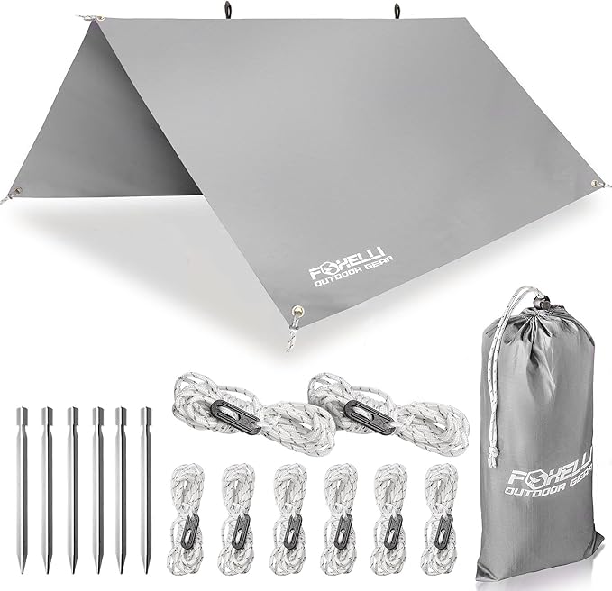 Foxelli Camping Tarp - 12x10ft Waterproof Rain Tarp, Lightweight Backpacking Rainfly Shelter with Included Extra Long Guy Lines & Stakes