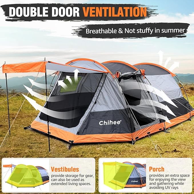 Chihee Camping Tents Tunnel Tent 4 Person Family Tents with 2 Doors Extra Weatherproof Outdoor Shelter 4 Seasons Tents with Double Waterproof Groundsheets Screened Room Porch Carry Bag for Travelling