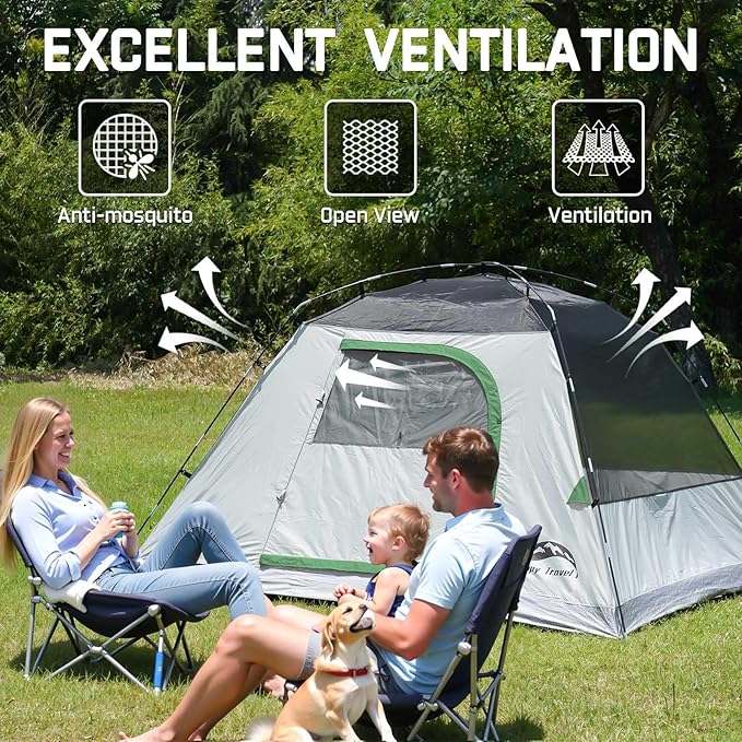 Happy Travel Camping Tent, 4 Person Dome Tents for Camping with Rainfly, Waterproof Clip Easy Setup Portable Family Tent with Mesh Windows, 20% More Headroom Backpacking Tents for Camping & Hiking
