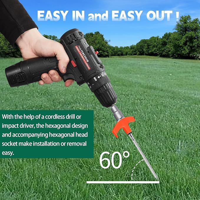 12 Pack 8" Screw in Tent Stakes for Drilling with Hex Heads - Heavy Duty Stainless Steel Tent Pegs/Nails/Spikes, Ground Anchors, Grow in Dark - for Camping, Grassland, Portable Box (Orange)