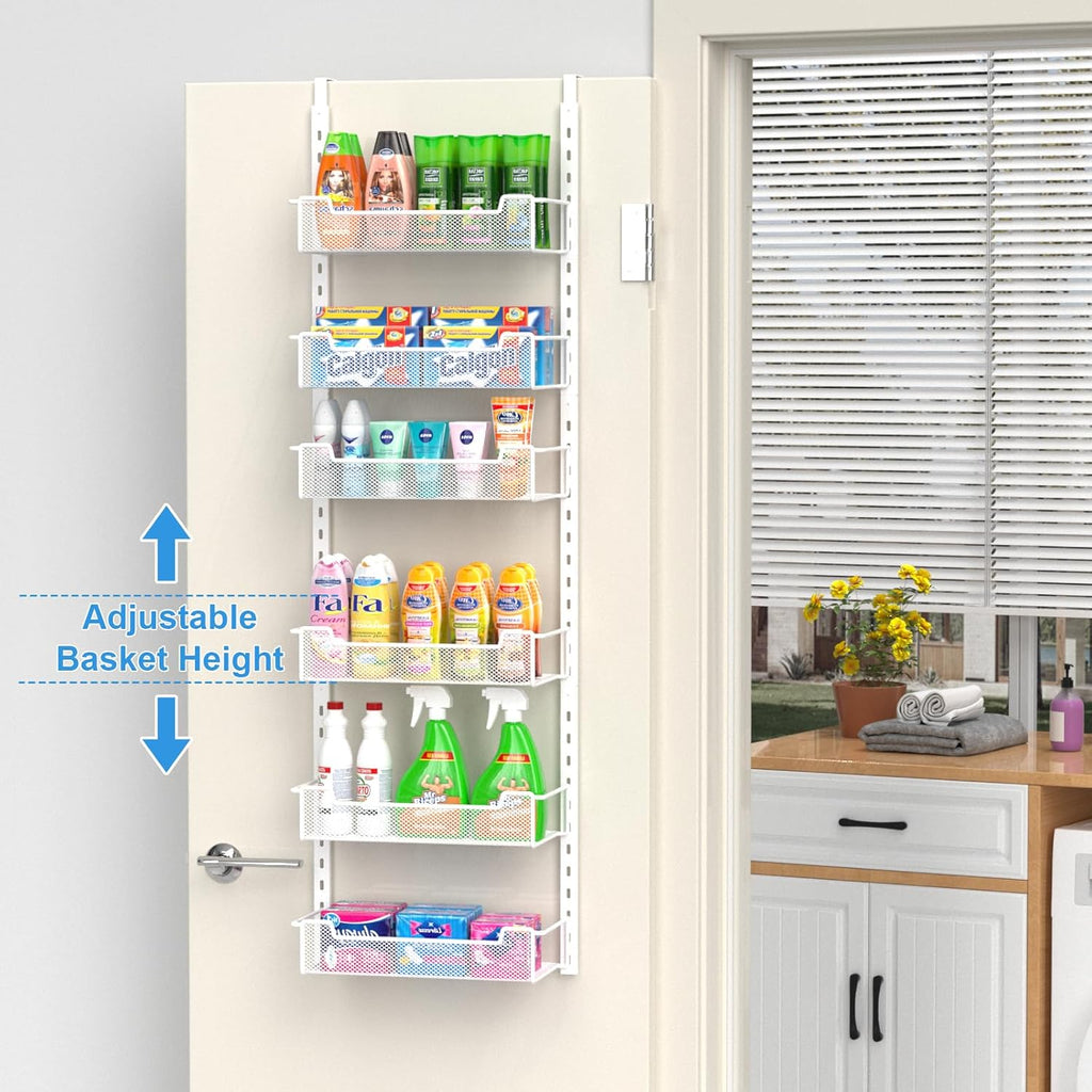 12.3" W Narrow Over the Door Pantry Organizer, 6-Tier Over the Door Organizer with Adjustable Basket, Pantry Door Organization for Pantry Kitchen Storage Room Spice Rack, White